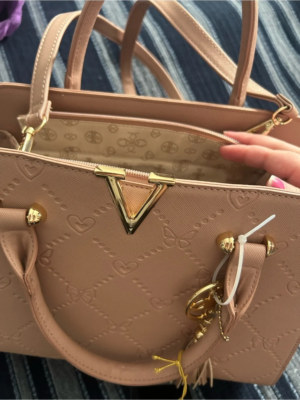 Blush Pink Embossed Satchel with Gold Charm